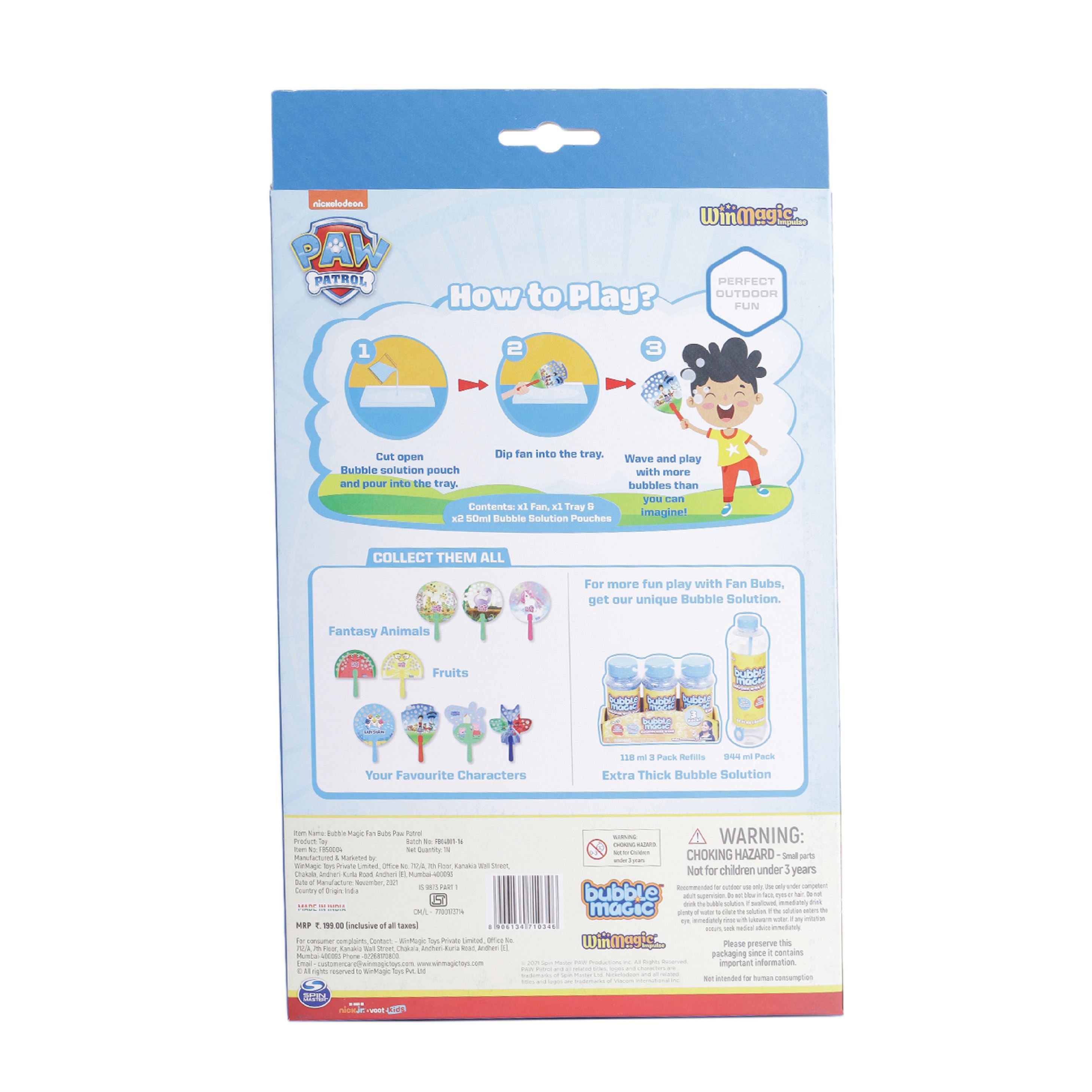 Bubble Magic Fan Bubs Paw Patrol Theme For Kids 3 Years and Above